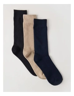 3 Pack Soft Top Rib Socks in Black, Sand, and Denim