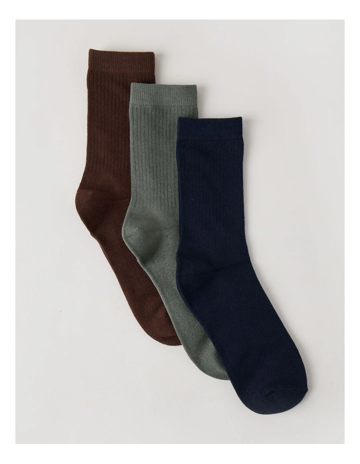 3 Pack Colour Crew Sport Socks in Warm Dark Brown, Olive, and Navy image 1