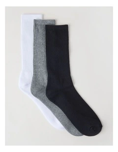 3 Pack Sports Crew Socks in Black, Grey, & White.