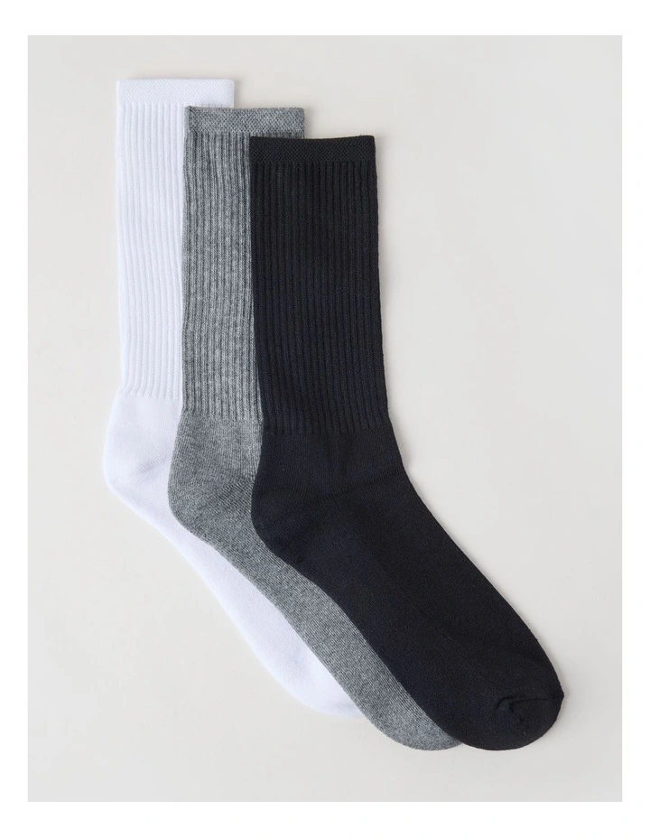 3 Pack Sports Crew Socks in Black, Grey, & White. image 1
