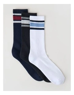 3 Pack Sports Crew Socks in Multi Stripe