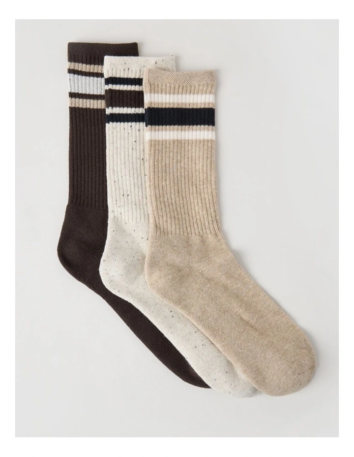 3 Pack Sports Crew Socks in Oat & Pumice Stripe image 1