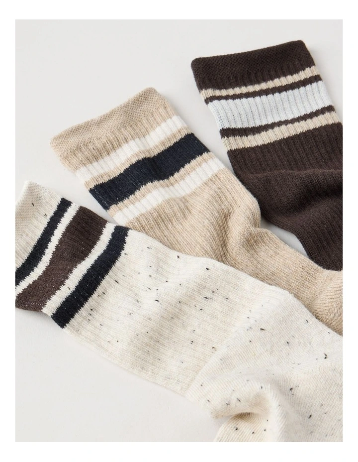 3 Pack Sports Crew Socks in Oat & Pumice Stripe image 2