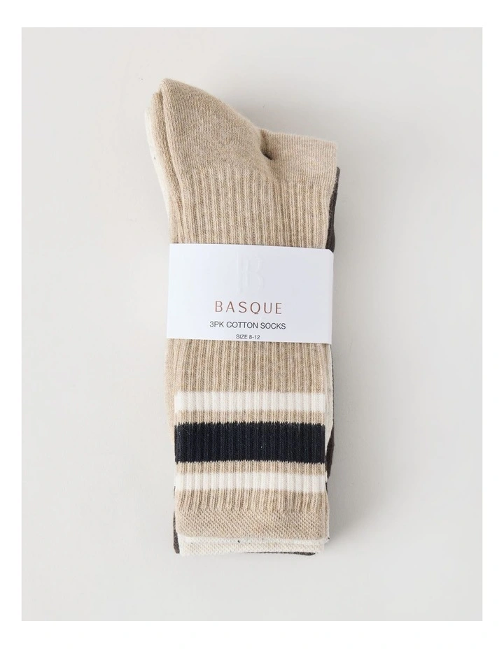 3 Pack Sports Crew Socks in Oat & Pumice Stripe image 3