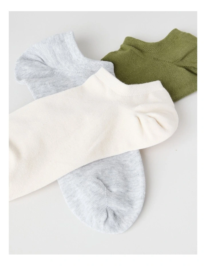 Lowcut Liner Socks 3 Pack in Light Grey Marle, Pumice, and Olive image 2
