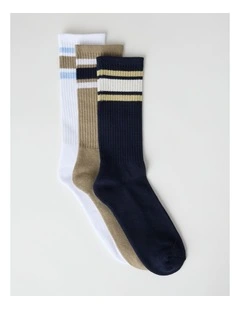 Stripe Sports Crew Socks 3 Pack in White, Burnt Honey, and Navy