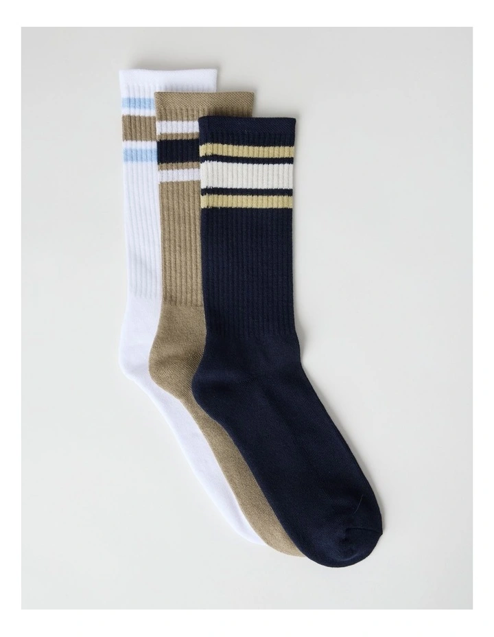Stripe Sports Crew Socks 3 Pack in White, Burnt Honey, and Navy image 1