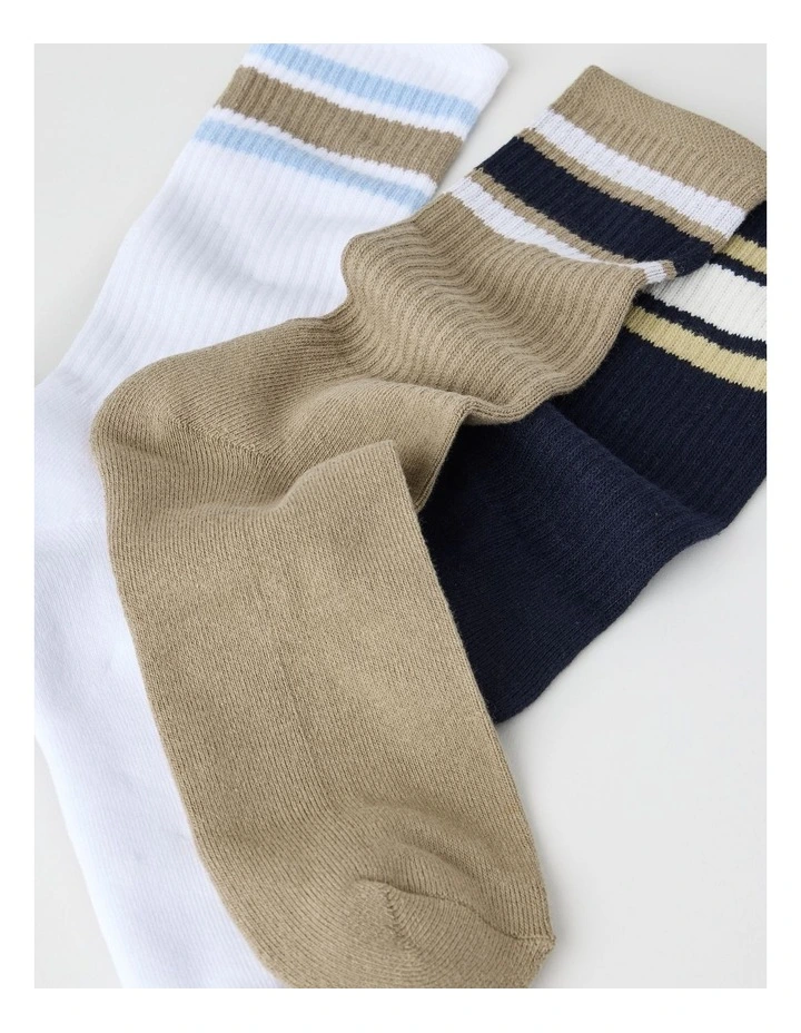 Stripe Sports Crew Socks 3 Pack in White, Burnt Honey, and Navy image 2