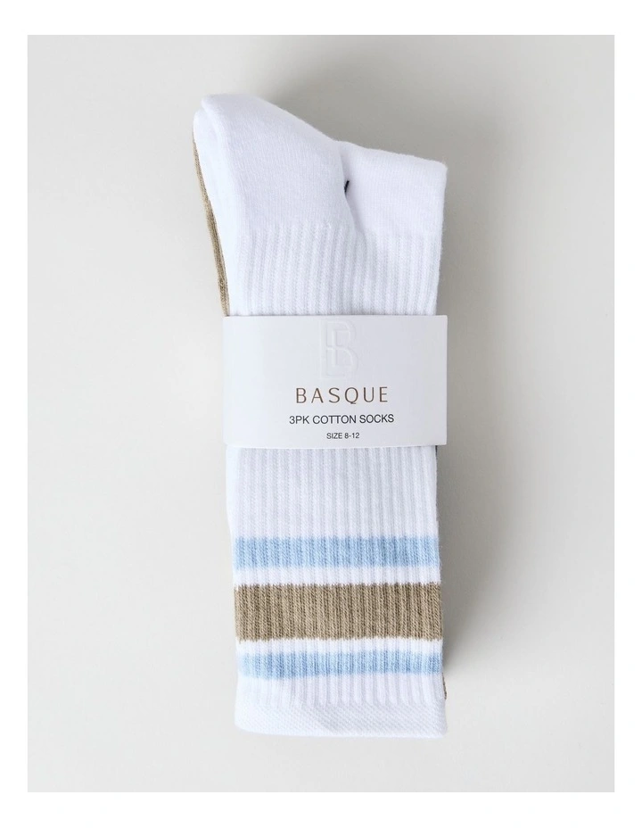 Stripe Sports Crew Socks 3 Pack in White, Burnt Honey, and Navy image 3