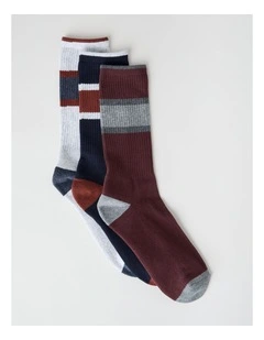 Block Stripe Sports Crew Socks 3 Pack in Khaki, Pumice, and Smokey