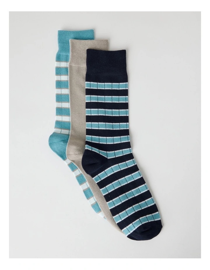 3 Pack Soft Top Socks in Seasalt, Cobblestone, and Aqua Stripes image 1