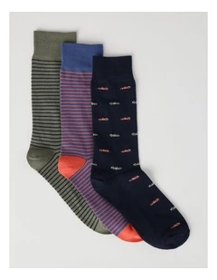3 Pack Soft Top Socks in Navy, Smokey Blue, and Moss Stripe and Cars Print