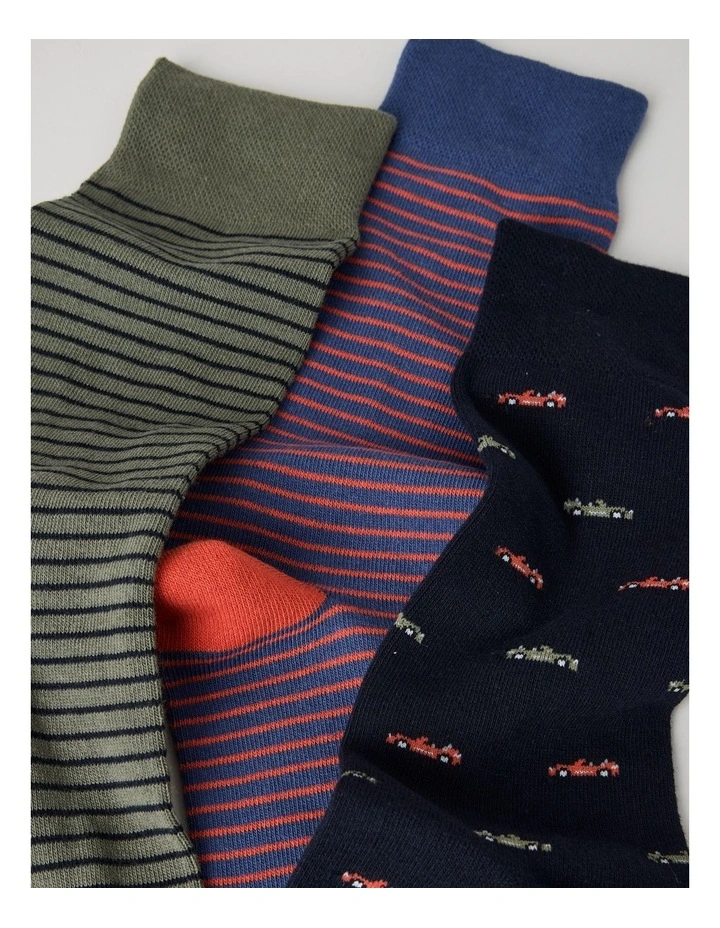 3 Pack Soft Top Socks in Navy, Smokey Blue, and Moss Stripe and Cars Print image 2
