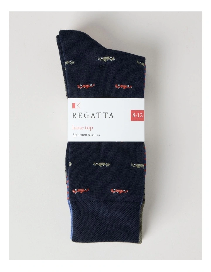 3 Pack Soft Top Socks in Navy, Smokey Blue, and Moss Stripe and Cars Print image 3
