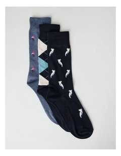 3 Pack Tropical Soft Top Socks in Flamingo, Cockatoo, and Argyle Print