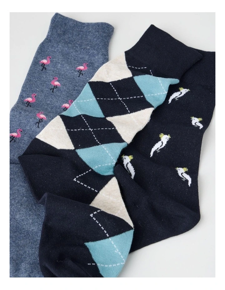 3 Pack Tropical Soft Top Socks in Flamingo, Cockatoo, and Argyle Print image 2