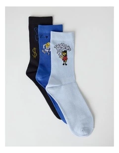 3 Pack Fashion Sports Crew Socks in Black, Light French Blue, and Sky Blue