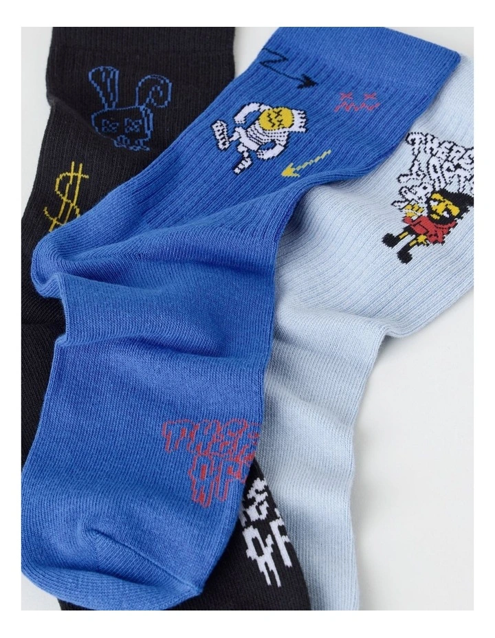 3 Pack Fashion Sports Crew Socks in Black, Light French Blue, and Sky Blue image 2