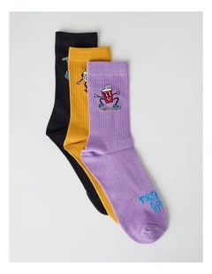 3 Pack Fashion Sports Crew Socks in Black, Yellow Mustard, and Vibrant Purple