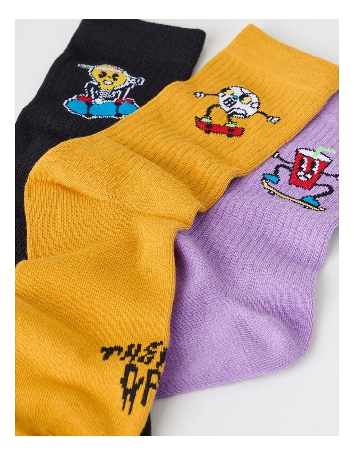 3 Pack Fashion Sports Crew Socks in Black, Yellow Mustard, and Vibrant Purple image 2