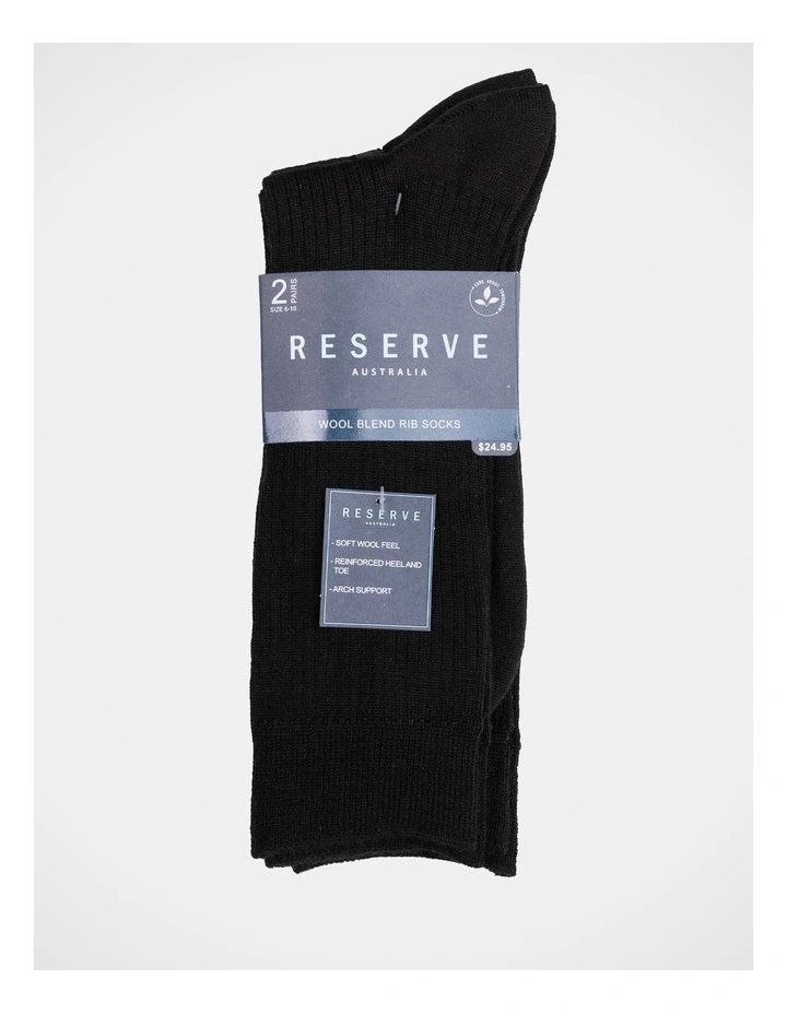Wool Blend Rib Socks 2 Pack in Black image 3