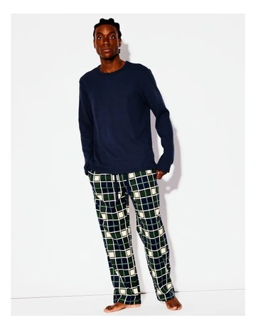 Long Sleeve Waffle Tee & Flannelette Pant PJ Set Checks in Blue