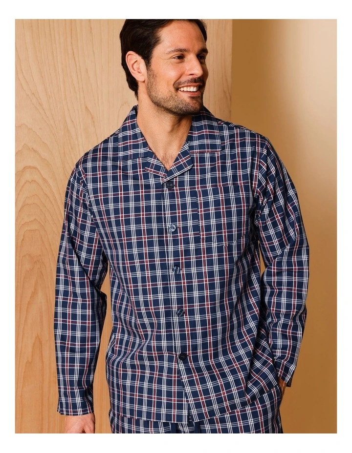 Long Sleeve Poplin PJ Set Maritime Check in Navy image 2