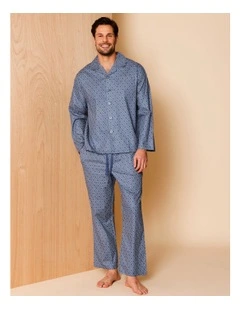 Long Sleeve Poplin PJ Set Thatched Floral in Blue
