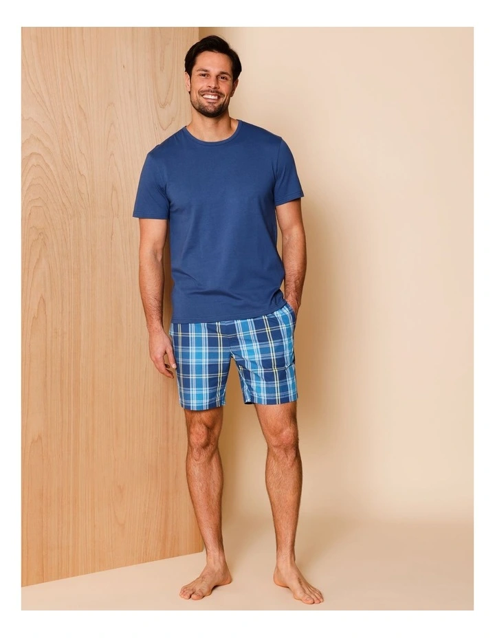 Organic Cotton Tee & Short PJ Set Summer Check in Blue image 1