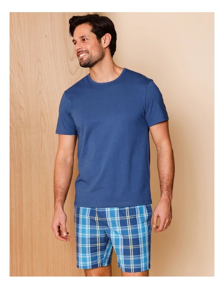 Organic Cotton Tee & Short PJ Set Summer Check in Blue image 2
