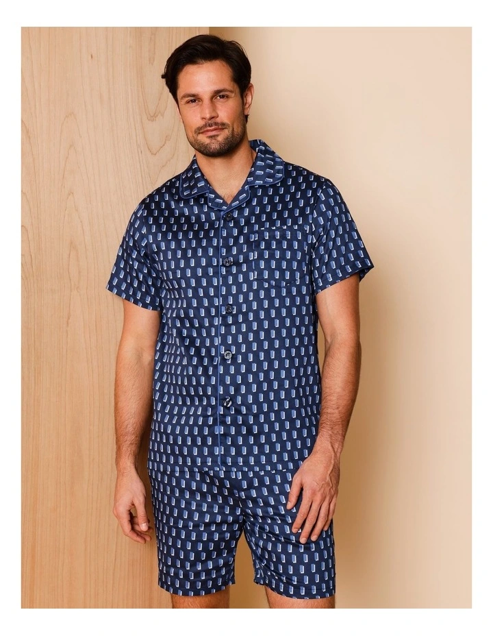 Short Sleeve Cotton Sateen PJ Set Phased Geo in Navy image 2