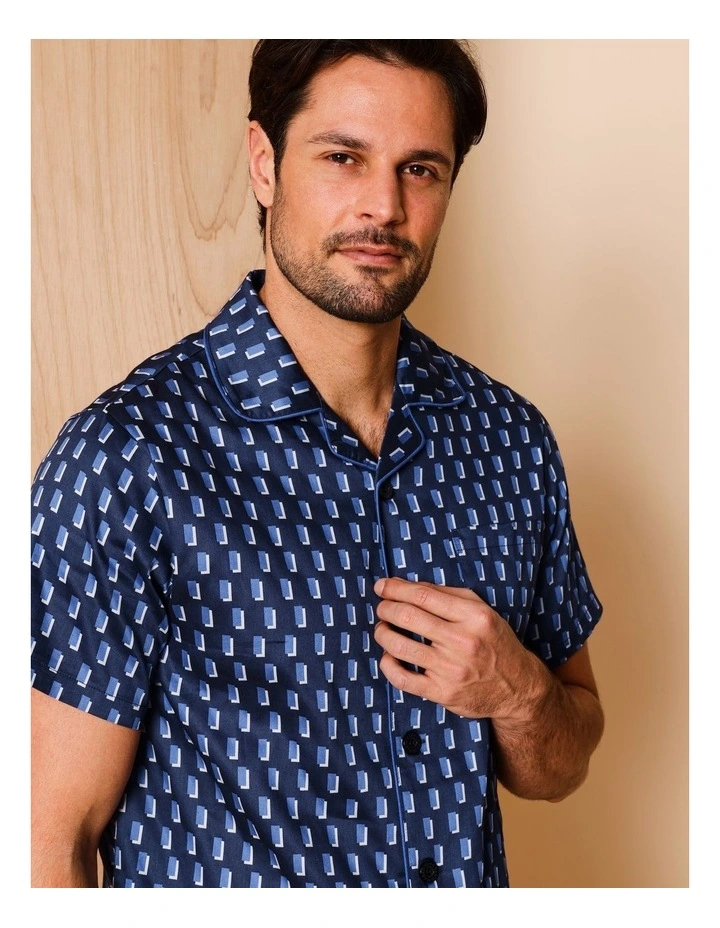 Short Sleeve Cotton Sateen PJ Set Phased Geo in Navy image 3