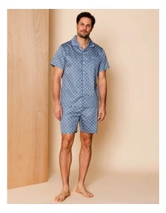 Short Sleeve Cotton Sateen PJ Set Floral Tiles in Denim
