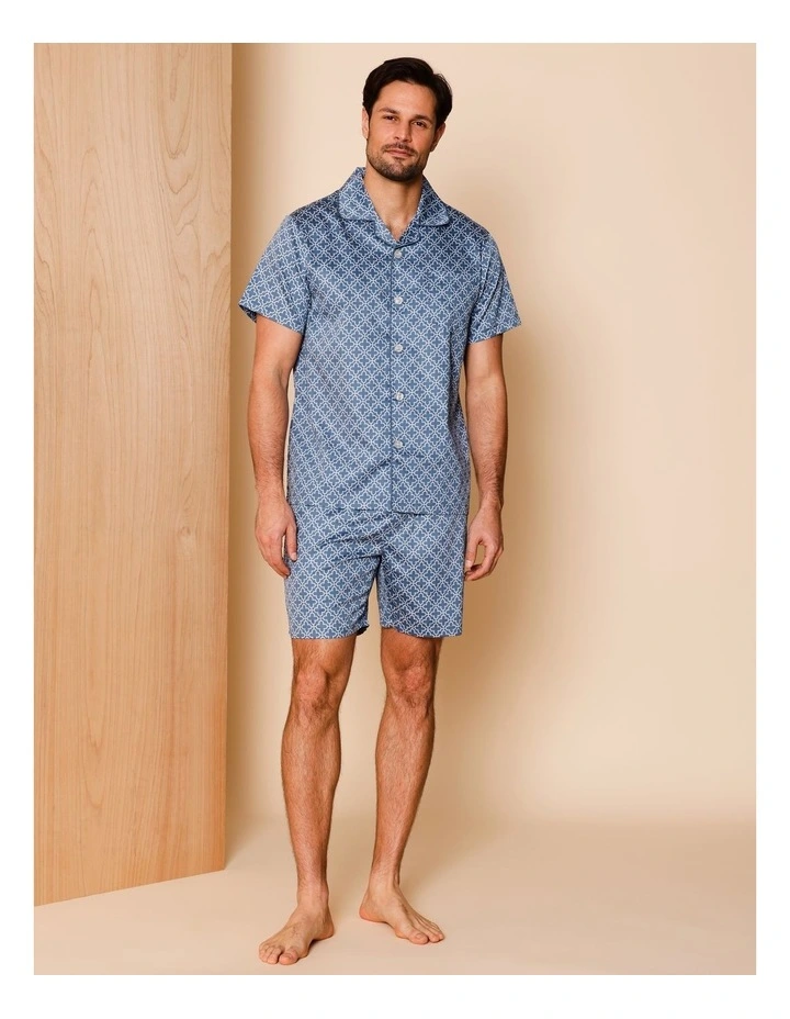 Short Sleeve Cotton Sateen PJ Set Floral Tiles in Denim image 1
