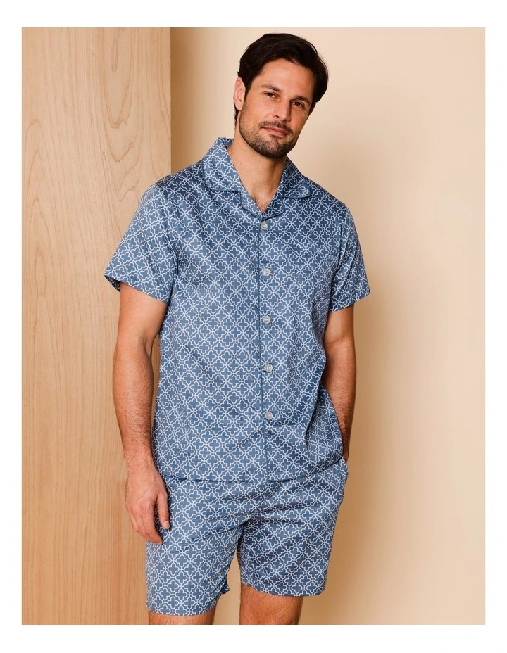 Short Sleeve Cotton Sateen PJ Set Floral Tiles in Denim image 2