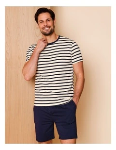 Short Sleeve Knit PJ Set Classic Stripes in White/Navy