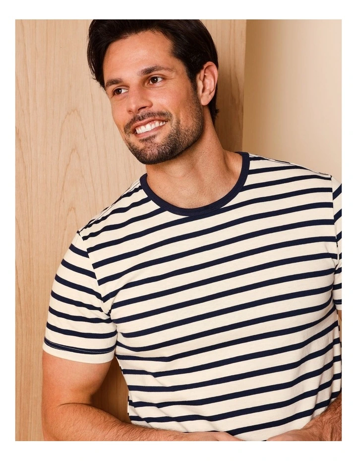 Short Sleeve Knit PJ Set Classic Stripes in White/Navy image 3
