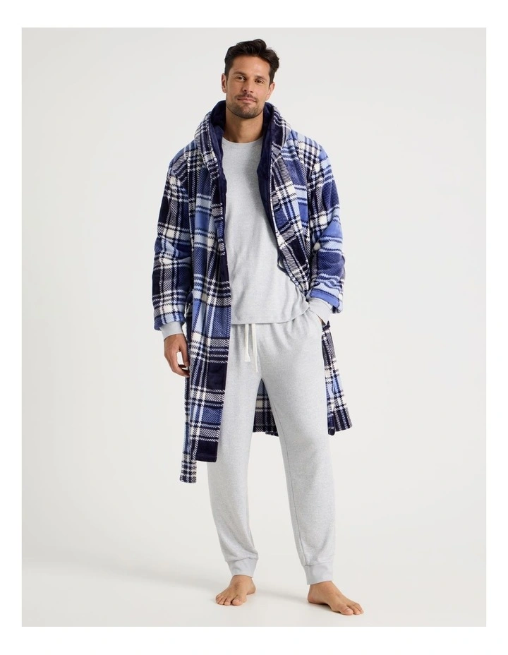 Men's Hooded Robe in Blue and Navy Check image 1