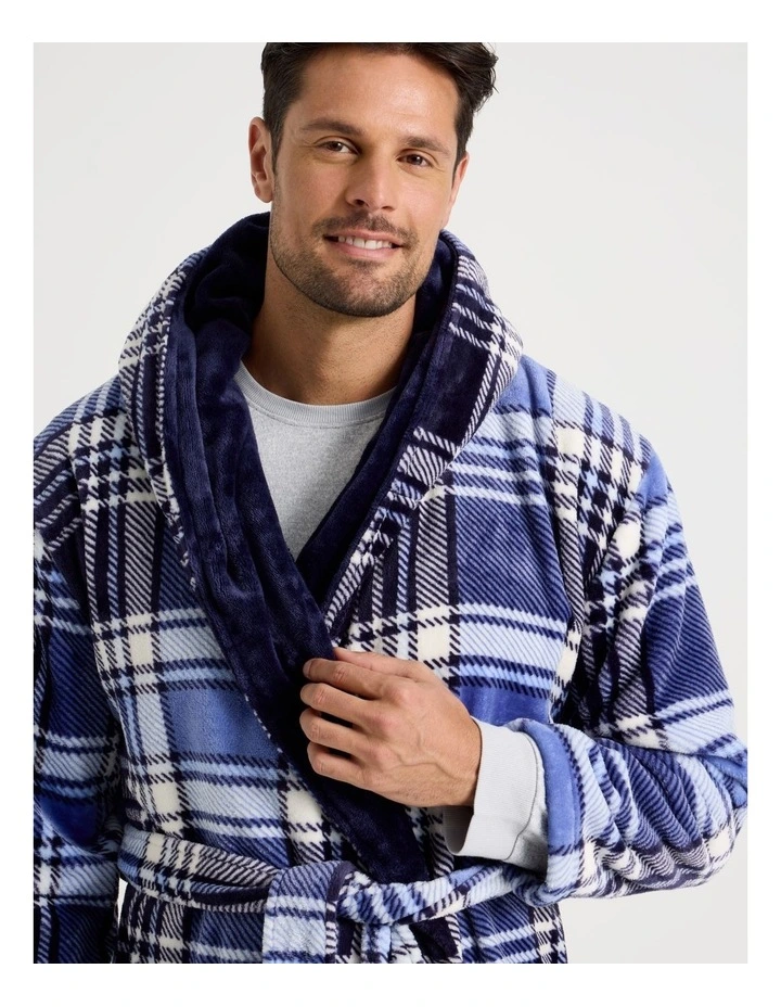 Men's Hooded Robe in Blue and Navy Check image 2