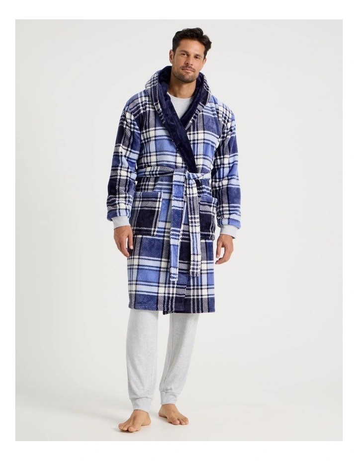 Men's Hooded Robe in Blue and Navy Check image 3