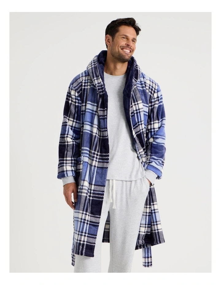 Men's Hooded Robe in Blue and Navy Check image 5