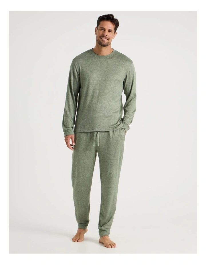 Plain Cosy Knit Pyjama Set in Green Marle image 1