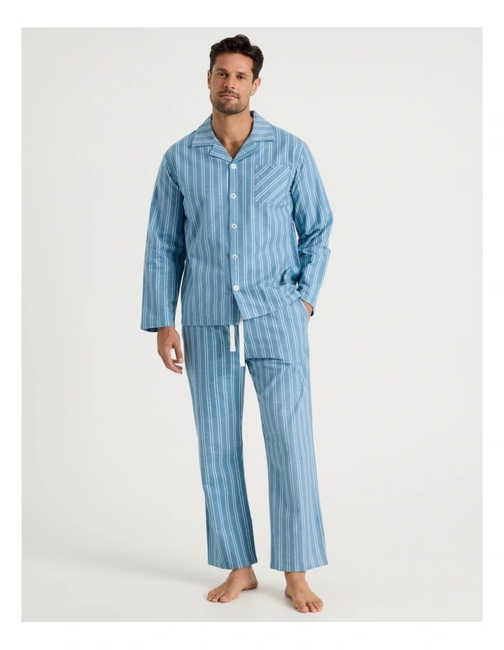 Long Sleeve Flannelette Pyjama Set in Blue Stripe image 1