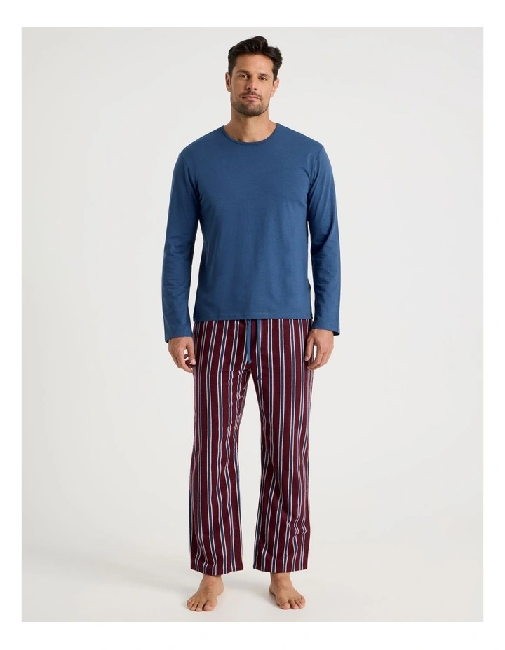 Long Sleeve Tee and Flannelette Pant Pyjama Set in Blue & Burgundy Stripe image 1