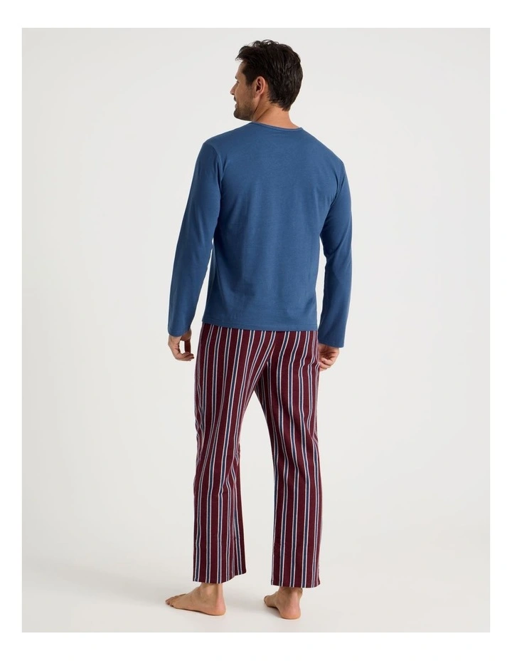 Long Sleeve Tee and Flannelette Pant Pyjama Set in Blue & Burgundy Stripe image 4