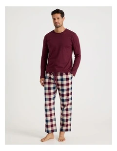 Long Sleeve Tee and Flannelette Pant Pyjama Set in Burgundy Check