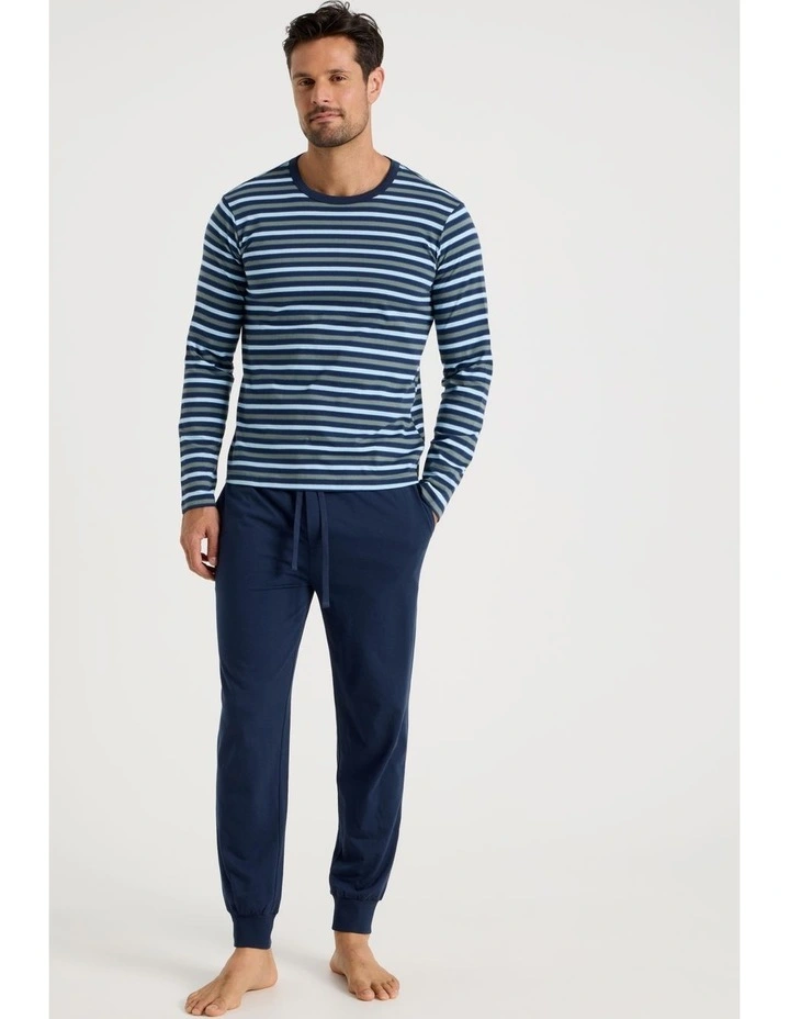 Long Sleeve Tee and Jogger Knit Pyjama Set in Multi Stripe image 1
