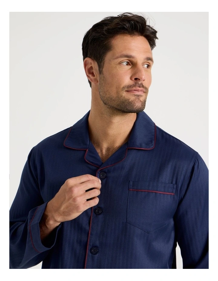 Long Sleeve Cotton Blend Sateen Pyjama Set in Herringbone Plain image 2