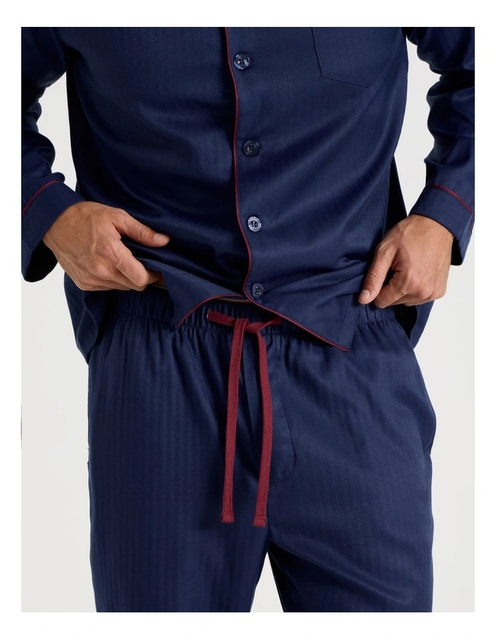 Long Sleeve Cotton Blend Sateen Pyjama Set in Herringbone Plain image 3