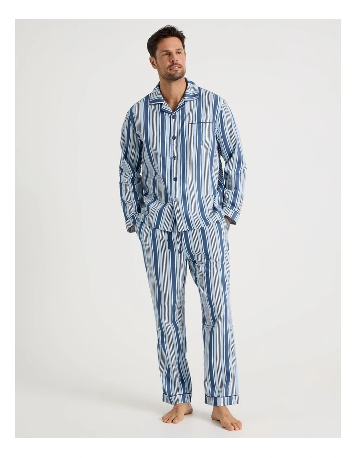 Long Sleeve Cotton Sateen Pyjama Set in Blue Stripe image 1